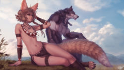 Rule 34 | 1boy, 1girl, animal ears, animal feet, ankle wrap, artist name, blurry, blurry background, braid, brown eyes, brown hair, day, digitigrade, earrings, einar (personal ami), flat chest, fox ears, fox tail, furry, furry male, highres, jewelry, khiara (personal ami), lips, long tail, navel, necklace, original, outdoors, personal ami, short hair, side braids, sitting, tail, thigh strap, tooth necklace, tribal, vambraces