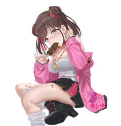 Rule 34 | 1girl, animal costume, bare shoulders, black footwear, black skirt, blush, boots, breasts, brown hair, chain, chocolate banana, collar, commentary request, double bun, food, frilled jacket, frills, gold chain, gold necklace, hair bun, hair ribbon, hamedoragon, hands up, heart, heart-shaped pupils, high heel boots, high heels, holding, holding food, idolmaster, idolmaster shiny colors, jacket, jewelry, kneehighs, large breasts, long sleeves, looking at viewer, loose socks, medium hair, miniskirt, necklace, off shoulder, open clothes, open jacket, open mouth, pink hair, pleated skirt, red collar, red eyes, red ribbon, ribbon, sexually suggestive, sitting, skirt, socks, solo, sonoda chiyoko, symbol-shaped pupils, thighs, tongue, tongue out, twintails, white skirt, white socks