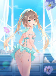 Rule 34 | 1girl, aqua eyes, arm strap, ass, back, bad id, bad twitter id, bare shoulders, bikini, bikini skirt, blurry, brown hair, commentary request, food, food in mouth, from behind, garter straps, green skirt, hair ornament, hairband, hairclip, highres, long hair, looking at viewer, looking back, microskirt, midriff, miniskirt, mouth hold, omelet tomato, original, panties, pleated skirt, popsicle, popsicle in mouth, sailor bikini, sailor collar, skirt, solo, standing, string bikini, swimsuit, thighs, twintails, underwear, white bikini, white panties, wristband