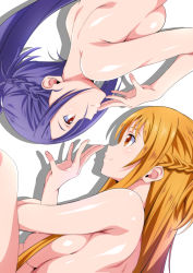Rule 34 | 2girls, asuna (sao), braid, breasts, closed mouth, completely nude, convenient arm, convenient censoring, eye contact, highres, island (kossori), large breasts, long hair, looking at another, lying, medium breasts, multiple girls, nude, on side, orange eyes, orange hair, ponytail, purple hair, red eyes, smile, sword art online, titania (sao), upper body, yuri