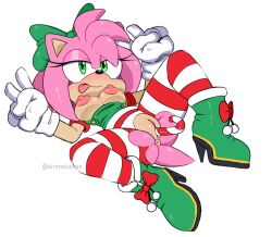 Rule 34 | amy rose, breasts, candy, candy cane, christmas, cleft of venus, female focus, food, jingle belle amy (sonic), medium breasts, nipples, object insertion, pussy, sirenstudios, solo focus, sonic (series)