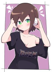 Rule 34 | 1girl, absurdres, aile (mega man zx), alternate costume, arms up, black shirt, blush, breasts, brown hair, buzzlyears, closed mouth, collarbone, green eyes, highres, large breasts, looking at viewer, mega man (series), mega man zx, shirt, short hair, short sleeves, solo