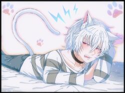 Rule 34 | 1boy, accelerator (toaru majutsu no index), albino, ambiguous gender, androgynous, animal ears, arrow print, bed sheet, black border, black choker, blush, border, cat ears, cat tail, choker, clenched hand, collarbone, diagonal-striped shirt, electrodes, embarrassed, fangs, grey pants, hair between eyes, hand on own arm, hand up, kemonomimi mode, lightning bolt symbol, long sleeves, looking away, looking to the side, loose clothes, loose shirt, lying, messy hair, official alternate costume, on bed, on stomach, open mouth, pants, paw print, pov, red eyes, sanpaku, shadow, shirt, short hair, solo, striped clothes, striped shirt, tail, toaru majutsu no index, two-tone shirt, white background, white hair, white shirt, wo zatta