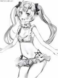Rule 34 | 1girl, :d, bad id, bad pixiv id, bikini, bikini skirt, blush, bow, breasts, cowboy shot, fang, frilled bikini, frills, greyscale, hair bow, highres, hololive, horns, legs together, looking at viewer, monochrome, nakiri ayame, nakiri ayame (hololive summer 2019), nanashi (nlo), navel, open mouth, oversized breast cup, side-tie bikini bottom, simple background, skin-covered horns, skin fang, small breasts, smile, solo, standing, swimsuit, twintails, virtual youtuber, white background