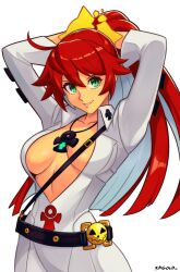 Rule 34 | 1girl, absurdres, alternate hairstyle, ankh, arms behind head, blunt ends, bodysuit, breasts, cleavage, spiked halo, gloves, green eyes, guilty gear, guilty gear strive, hair between eyes, hair up, halo, high ponytail, highres, jack-o&#039; valentine, large breasts, long hair, looking at viewer, multicolored hair, ponytail, red hair, smgold, smile, solo, two-tone hair, white bodysuit, white hair