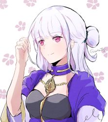 Rule 34 | 1girl, airisuotog, alternate hairstyle, closed mouth, fire emblem, fire emblem: three houses, highres, long hair, lysithea von ordelia, nintendo, pink eyes, simple background, smile, solo, twitter username, upper body, white hair