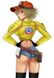 Rule 34 | 1girl, ass, bare shoulders, belt, blonde hair, breasts, cidney aurum, final fantasy, final fantasy xv, from behind, gloves, green eyes, hat, highres, jacket, large breasts, looking at viewer, looking back, parted lips, sacro kies, shiny skin, short hair, short shorts, shorts, sideboob, smile, solo, thighhighs