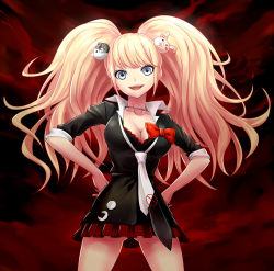 Rule 34 | 10s, 1girl, blonde hair, blue eyes, bow, breasts, cleavage, cowboy shot, danganronpa (series), danganronpa: trigger happy havoc, enoshima junko, hands on own hips, large breasts, long hair, loose necktie, miniskirt, monokuma, monomi (danganronpa), necktie, no symbol, open mouth, skirt, sleeves rolled up, smile, solo, spoilers, tonoimo, twintails
