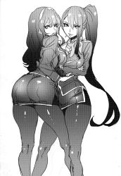 Rule 34 | 10s, 2girls, ashigara (kancolle), ass, bad id, bad twitter id, breasts, commentary request, crossed arms, greyscale, hairband, handkerchief, highres, hohehohe, kantai collection, large breasts, leggings, long hair, looking at viewer, miniskirt, monochrome, multiple girls, nachi (kancolle), pantyhose, side ponytail, side slit, skirt, uniform, very long hair, wavy hair
