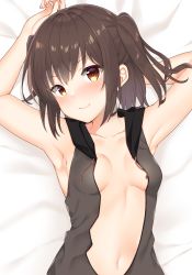 Rule 34 | 1girl, alternate costume, armpits, arms up, bed sheet, black vest, blush, breasts, breasts apart, brown eyes, brown hair, collarbone, highres, kantai collection, looking at viewer, lying, naked vest, navel, no bra, on back, on bed, open clothes, open vest, sendai (kancolle), short hair, small breasts, solo, two side up, upper body, vest, yuzuttan