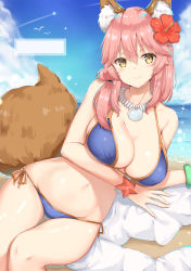 Rule 34 | 1girl, animal ear fluff, animal ears, bad id, bad pixiv id, bare shoulders, bikini, blue bikini, blue sky, blush, bow, breasts, brown eyes, cleavage, closed mouth, cloud, collarbone, commentary request, day, fate/grand order, fate (series), flower, fox ears, fox girl, fox tail, groin, hair between eyes, hair flower, hair ornament, highres, jacket, unworn jacket, jewelry, large breasts, long hair, looking at viewer, navel, necklace, ocean, outdoors, pink hair, side-tie bikini bottom, sidelocks, sky, solo, sparkle, strap gap, swimsuit, tail, tail raised, tamamo (fate), tamamo no mae (fate/extra), tamamo no mae (swimsuit lancer) (fate), tamamo no mae (swimsuit lancer) (third ascension) (fate), water, white jacket, yuzu-aki
