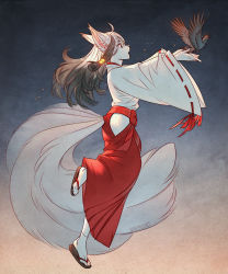 Rule 34 | 1girl, animal ear fluff, animal ears, bird, black hair, colored skin, commentary, crow, english commentary, fox girl, from side, full body, furry, furry female, gradient hair, hakama, hakama skirt, highres, hip vent, japanese clothes, long hair, long tail, miko, multicolored hair, multiple tails, nana nakano, original, outstretched arms, red hakama, redrawn, revision, sandals, skirt, snout, socks, solo, tail, white hair, white skin, wide sleeves, wolf ears, wolf tail