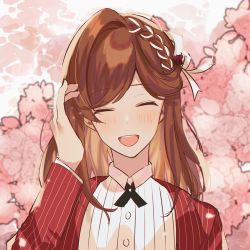 Rule 34 | 1girl, :d, braid, brown hair, highres, jacket, long hair, long sleeves, open clothes, open jacket, open mouth, polo shirt, red jacket, rosa (tears of themis), shirt, smile, solo, tears of themis, tercynya, white shirt