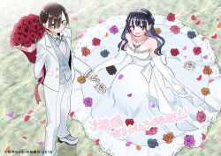 Rule 34 | 1boy, 1girl, artist name, bare shoulders, black hair, blue eyes, blue hair, boku no kokoro no yabai yatsu, bouquet, bow, bowtie, breasts, brown eyes, collarbone, copyright notice, dark blue hair, diadem, dress, elbow gloves, end card, flower, formal, from above, gloves, holding, holding bouquet, holding hands, ichikawa kyoutarou, jewelry, long hair, looking at viewer, medium breasts, mole, mole on neck, multiple moles, necklace, official art, pants, red flower, red rose, rose, sakurai norio, shirt, short hair, smile, standing, strapless, strapless dress, suit, tuxedo, vest, wedding dress, white bow, white bowtie, white dress, white gloves, white pants, white shirt, white suit, white vest, yamada anna
