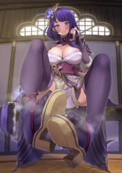 Rule 34 | 1girl, absurdres, blunt bangs, blurry, blurry background, blush, breasts, bridal gauntlets, cleavage, commentary request, commission, feet, flower, foot focus, foreshortening, genshin impact, hair flower, hair ornament, hand up, high heels, highres, indoors, japanese clothes, kimono, large breasts, legs, long hair, looking at viewer, low-tied long hair, mole, mole under eye, obi, obijime, okobo, parted bangs, ponytail, purple hair, purple kimono, purple thighhighs, raiden shogun, sahara1127, sandals, sash, sidelocks, sitting, skeb commission, smell, solo, spread toes, steaming body, tatami, thighhighs, thighs, toes, very long hair