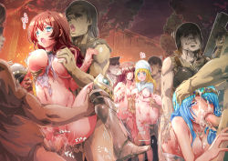 Rule 34 | 4girls, 6+boys, anal, armor, blonde hair, blue eyes, blue hair, bottomless, breasts, brown eyes, brown hair, censored, colored eyelashes, cum, double penetration, facial, fellatio, fire, green eyes, groping, group sex, hand on another&#039;s head, head grab, jewelry, kakinop, knight, long hair, mosaic censoring, multiple boys, multiple girls, multiple penetration, necklace, nipples, nun, oral, orgy, original, outdoors, penis, purple eyes, rape, sex, spitroast, tears, torn clothes, ugly man, vaginal