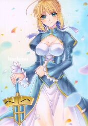 Rule 34 | 1girl, ahoge, artoria pendragon (all), artoria pendragon (fate), blonde hair, blue dress, blue ribbon, blush, braid, breasts, cleavage, commentary request, cowboy shot, dress, excalibur (fate/stay night), fate/stay night, fate (series), green eyes, hachi78b, hair ribbon, hand on hilt, highres, juliet sleeves, long sleeves, looking at viewer, medium breasts, petals, puffy sleeves, ribbon, saber (fate), smile, solo, sword, weapon