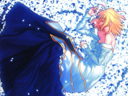 Rule 34 | 00s, 1girl, antenna hair, archetype earth, arcueid brunestud, bare shoulders, blonde hair, breasts, chain, cleavage, covered mouth, dress, closed eyes, field, flower, flower field, from above, short hair, sleeping, solo, takeuchi takashi, tsukihime, wallpaper