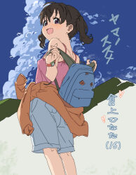 Rule 34 | 1girl, backpack, bag, bare shoulders, black hair, blush, camisole, clothes around waist, cloud, ikumono, jacket, jacket around waist, kuraue hinata, looking at viewer, looking back, mountain, open mouth, purple eyes, short hair, shorts, sketch, sky, smile, solo, twintails, yama no susume