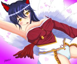 Rule 34 | 1girl, ahri (league of legends), animal ears, blue hair, blue panties, blush, bow, bow panties, breasts, cameltoe, fox ears, heart, league of legends, long hair, lying, multiple tails, on back, panties, solo, tail, underwear, yellow eyes