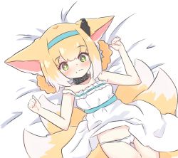 Rule 34 | 1girl, animal ears, arknights, bad id, bad pixiv id, bare arms, bare shoulders, bed sheet, black collar, blue hairband, blush, braid, braided hair rings, cameltoe, child, closed mouth, clothes lift, collar, collarbone, commentary, dress, dress lift, english commentary, frilled dress, frills, gluteal fold, green eyes, hair rings, hairband, hands up, infection monitor (arknights), lying, multiple tails, on back, panties, rottenduck, sleeveless, sleeveless dress, solo, suzuran (arknights), tail, thigh gap, underwear, white dress, white panties
