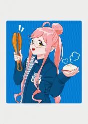 Rule 34 | 1girl, alternate costume, alternate hairstyle, baozi, blue background, employee uniform, food, glasses, grey background, hair bun, highres, id card, kantai collection, lawson, long sleeves, looking at viewer, makigumo (kancolle), ojipon, open mouth, pink hair, round teeth, shirt, single hair bun, solo, striped background, striped clothes, striped shirt, teeth, tongs, uniform, upper teeth only, yellow eyes