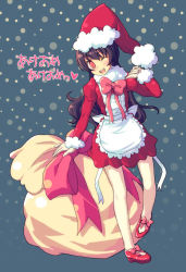 Rule 34 | 1girl, apron, bow, bowtie, brown hair, christmas, dress, full body, grey background, kimarin, long hair, long sleeves, looking at viewer, orange eyes, original, red bow, red bowtie, red dress, sack, santa costume, simple background, snowing, solo, standing, waist apron