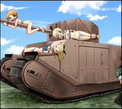 Rule 34 | 10s, 4girls, akiyama yukari, arms behind back, ass, assam (girls und panzer), barefoot, bdsm, blonde hair, blue eyes, blue sky, blush, bondage, boots, bound, bow, bra, braid, breast press, breasts, breasts apart, camouflage, caterpillar tracks, clenched hand, cloth gag, cloud, cloudy sky, crown braid, cyber (cyber knight), darjeeling (girls und panzer), day, dot nose, full body, gag, gagged, girls und panzer, hair bow, hair ornament, held up, highres, human shield, imminent rape, improvised gag, legs together, long hair, looking at viewer, lying, medium breasts, military, military vehicle, motor vehicle, multiple girls, navel, nude, on side, on stomach, orange hair, orange pekoe (girls und panzer), outdoors, over the mouth gag, panties, ponytail, purple eyes, restrained, rope, shibari, short hair, side-tie panties, sideboob, skirt, sky, tank, thigh gap, thighs, toes, tog ii, underwear, underwear only, vehicle