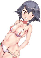 Rule 34 | 10s, 1girl, bad id, bad pixiv id, bikini, bikini pull, black hair, braid, breasts, brown eyes, cleavage, clothes pull, clothes writing, commentary, cowboy shot, dutch angle, english text, girls und panzer, grin, happy birthday, highres, looking at viewer, medium breasts, one eye closed, pepperoni (girls und panzer), print bikini, short hair, side braid, sikijou77o, simple background, smile, solo, standing, swimsuit, white background, white bikini