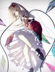 Rule 34 | 1girl, ascot, asymmetrical wings, bad id, bad pixiv id, black footwear, blonde hair, bobby socks, chromatic aberration, crystal, flandre scarlet, green night, highres, interlocked fingers, long hair, long skirt, mary janes, own hands clasped, own hands together, puffy short sleeves, puffy sleeves, red eyes, red skirt, shoes, short hair with long locks, short sleeves, side ponytail, skirt, socks, solo, touhou, white socks, wings, yellow ascot