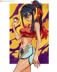 Rule 34 | 1girl, alternate hairstyle, bare shoulders, black hair, border, breasts, carmine (pokemon), collarbone, colored inner hair, commentary, creatures (company), crossed bangs, eyelashes, game freak, highres, holding, holding poke ball, large breasts, looking at viewer, midriff, mole, mole under eye, multicolored hair, navel, nintendo, outside border, poke ball, poke ball (basic), pokemon, pokemon sv, ponytail, purple background, red hair, ribosoma 42, short shorts, shorts, smile, solo, sports bra, standing, two-tone background, two-tone hair, v-shaped eyebrows, white border, yellow background, yellow eyes