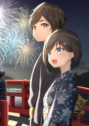 Rule 34 | 1boy, 1girl, :d, aerial fireworks, black hair, black kimono, blue eyes, blue kimono, blush, brown eyes, brown hair, commentary request, fireworks, floral print, flower, hair flower, hair ornament, hairclip, highres, japanese clothes, kimono, lake, looking at another, looking away, mottsun (i 40y), night, night sky, obi, open mouth, original, outdoors, pink flower, print kimono, railing, sash, sky, smile, star (sky), starry sky, striped clothes, striped kimono, upper body, vertical-striped clothes, vertical-striped kimono