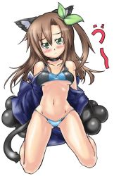 Rule 34 | 10s, 1girl, animal ears, artist request, bare shoulders, blush, bow, breasts, brown hair, gluteal fold, hair ornament, if (neptunia), long hair, looking at viewer, navel, neptune (series), panties, ponytail, simple background, solo, underwear