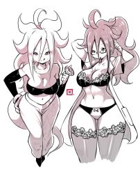 Rule 34 | 2girls, :d, ahoge, alternate form, android 21, arm warmers, bandeau, bare arms, bare shoulders, big hair, black-framed eyewear, bow, bow panties, bra, breasts, cleavage, collar, curly hair, curvy, doughnut, dragon ball, dragon ball fighterz, dual persona, food, glasses, greyscale, harem pants, highres, holding, holding food, kenron toqueen, lace, lace-trimmed bra, lace-trimmed legwear, lace trim, large breasts, licking lips, long hair, looking at viewer, majin android 21, messy hair, monochrome, multiple girls, navel, open clothes, open mouth, open shirt, panties, pants, shirt, smile, stomach, tail, thick thighs, thighhighs, thighs, tongue, tongue out, underwear