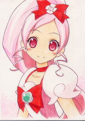 Rule 34 | 10s, 1girl, blush stickers, bow, brooch, choker, collarbone, cure blossom, eyelashes, hair bow, hanasaki tsubomi, head tilt, heart, heart brooch, heartcatch precure!, jewelry, long hair, looking at viewer, magical girl, marker (medium), pink eyes, pink hair, pink theme, ponytail, precure, shirohebidou, smile, solo, traditional media, upper body