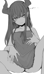Rule 34 | 1girl, ass, babydoll, bare arms, bare legs, bare shoulders, breasts, closed mouth, collarbone, commentary request, copyright request, demon horns, feet out of frame, greyscale, horns, long hair, looking at viewer, monochrome, original, otokuyou, pointy ears, simple background, sitting, small breasts, smile, solo, spread legs, white background