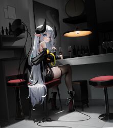 Rule 34 | 1girl, :o, bar stool, bare shoulders, black footwear, black jacket, black thighhighs, blue eyes, blush, bottle, ceiling light, cup, demon horns, demon tail, drinking glass, dutch angle, from behind, grey hair, hair between eyes, high heels, highres, horns, huizhiyin, indoors, jacket, leaning on table, long hair, looking at viewer, looking back, multiple tails, off-shoulder shirt, off shoulder, open mouth, original, painting (object), pointy ears, shadow, shelf, shirt, sidelocks, sleeve cuffs, sleeves past wrists, solo, stool, tail, thighhighs, thighs, tile floor, tiles, two tails, very long hair, wine bottle, wine glass