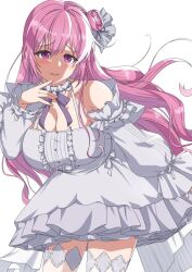 Rule 34 | 1girl, braid, breasts, chiraimori tt, cleavage, detached sleeves, dorothy (nikke), dress, frilled dress, frills, goddess of victory: nikke, hair bun, hair intakes, hand to own mouth, large breasts, long hair, long sleeves, parted lips, pink hair, purple eyes, solo, white dress