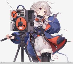 Rule 34 | 1girl, absurdres, binoculars, blue jacket, camera, cowboy shot, earrings, fur-trimmed shorts, fur trim, goggles, goggles around neck, grey hair, highres, jacket, jewelry, long hair, long sleeves, open clothes, open jacket, original, pantyhose, parted lips, purple eyes, river (river ga), shorts, simple background, solo, standing, white background, white shorts