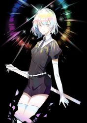 Rule 34 | 1other, absurdres, androgynous, belt, black background, black hair, black necktie, commentary, diamond (houseki no kuni), elbow gloves, english commentary, engrish commentary, gem uniform (houseki no kuni), gloves, highres, houseki no kuni, looking at viewer, multicolored hair, necktie, rainbow hair, sheath, sheathed, shirt, short hair, short sleeves, shorts, simple background, smile, solo, sparkle, sumery, thighhighs, white gloves, white thighhighs