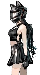 Rule 34 | 1girl, animal ear headwear, bare arms, black gloves, black hair, black skirt, black tank top, commentary, covered face, cowboy shot, crop top, fake animal ears, from side, gawako, gloves, helmet, highres, long hair, midriff, motorcycle helmet, original, simple background, skirt, solo, symbol-only commentary, tank top, white background