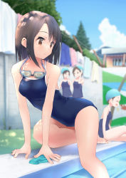 Rule 34 | 4girls, arm support, barefoot, brown eyes, brown hair, competition school swimsuit, day, goggles, goggles around neck, highres, multiple girls, okiru, one-piece swimsuit, original, poolside, school swimsuit, short hair, sitting, sky, solo focus, swim cap, swimsuit, tree