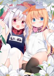 Rule 34 | 2girls, :d, animal ear fluff, animal ears, bare arms, bare shoulders, black legwear, blonde hair, blue eyes, blue one-piece swimsuit, blush, cat ears, child, commentary request, dog ears, fang, feet out of frame, flower, hair between eyes, hand up, koinu-chan, kujou danbo, long hair, lying, moneko-chan, multiple girls, on back, one-piece swimsuit, open mouth, original, pink scarf, plaid, plaid scarf, red eyes, red scarf, ribbed sweater, scarf, school swimsuit, silver hair, sleeveless, sleeveless sweater, smile, sweater, swimsuit, thighhighs, very long hair, white flower, white legwear, white sweater