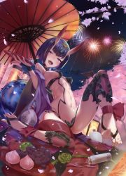 Rule 34 | 1girl, alcohol, barefoot, barefoot sandals (jewelry), breasts, breasts apart, commentary request, cup, fangs, fate/grand order, fate (series), feet, fireworks, food, highres, horns, japanese clothes, kakumayu, kimono, looking at viewer, night, night sky, oni, open clothes, open kimono, open mouth, purple eyes, purple hair, sakazuki, sake, short hair, shuten douji (fate), skin-covered horns, sky, small breasts, toes