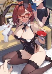 Rule 34 | 2girls, 92m, absurdres, alcohol, animal ears, bare shoulders, black hair, black leotard, blush, breasts, cleavage, commentary request, cup, drunk, glasses, highres, holding, holding phone, kinshi no ane (92m), large breasts, leotard, long hair, looking at viewer, multiple girls, open mouth, original, phone, playboy bunny, rabbit ears, red-framed eyewear, red hair, sakazuki, sake, short hair, smile, wrist cuffs