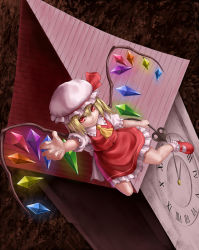 Rule 34 | 1girl, ascot, blonde hair, clock, clock tower, female focus, flandre scarlet, from above, hat, highres, mary janes, ponytail, red eyes, shoes, short hair, side ponytail, solo, teiraa, embodiment of scarlet devil, touhou, tower, wings