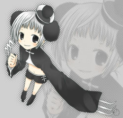 Rule 34 | 1girl, black eyes, blush, claw (weapon), foreshortening, from above, full body, holding, long hair, long sleeves, looking at viewer, original, panda, shima yukiwa, short shorts, shorts, silver hair, solo, standing, weapon, wide sleeves, zoom layer
