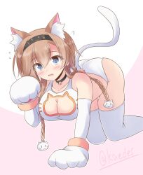 Rule 34 | 1girl, animal ears, animal hands, bell, bra, braid, breasts, cat cutout, cat ears, cat hair ornament, cat lingerie, cat tail, cleavage, clothing cutout, gloves, grey eyes, hair ornament, highres, jingle bell, kantai collection, large breasts, light brown hair, long hair, meme attire, neck bell, one-hour drawing challenge, panties, paw gloves, paw pose, shizuna kaede, solo, tail, teruzuki (kancolle), thighhighs, twin braids, underwear, underwear only, white bra, white panties, white thighhighs