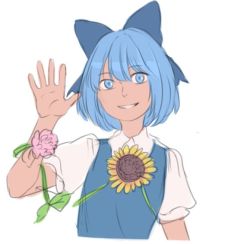 Rule 34 | 1girl, blue eyes, blue hair, bow, cirno, flower, hair between eyes, hair bow, hand up, looking at viewer, mefomefo, plant, short hair, simple background, sketch, smile, solo, sunflower, tan, tanned cirno, touhou, upper body, vines, white background