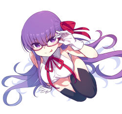 Rule 34 | 1girl, bare shoulders, bb (fate), bb (fate/extra), black thighhighs, blush, breasts, chan co, closed mouth, fate/extra, fate/extra ccc, fate (series), glasses, gloves, hair ribbon, large breasts, leotard, long hair, looking at viewer, neck ribbon, purple eyes, purple hair, red ribbon, ribbon, simple background, smile, solo, thighhighs, tongue, tongue out, very long hair, white background, white gloves, white leotard